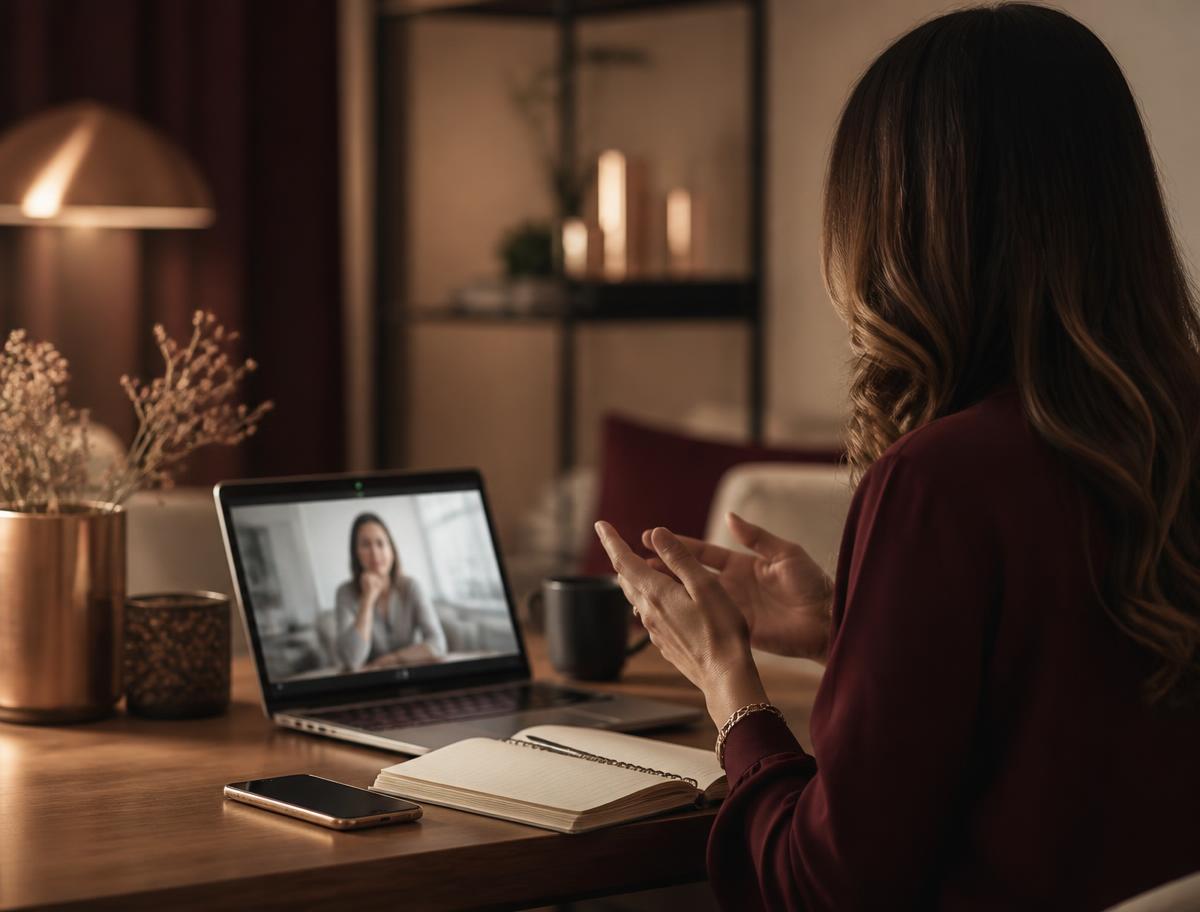 Profissional de lado em reunião online com notebook, caderno e celular sobre a mesa