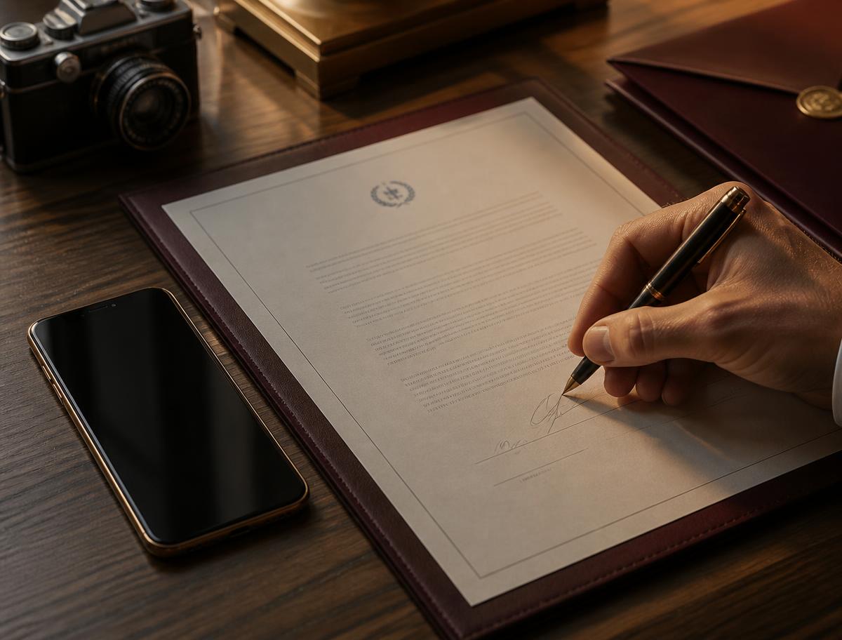 Contrato elegante sobre mesa de madeira sendo assinado, com celular e câmera ao lado