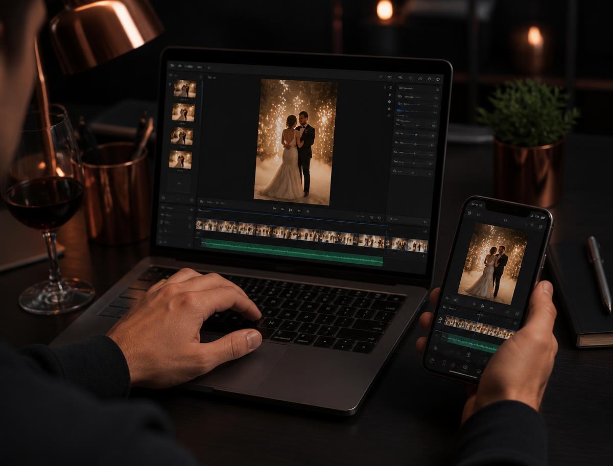 Mãos editando um vídeo vertical em notebook e celular, com linha do tempo visível em luz baixa